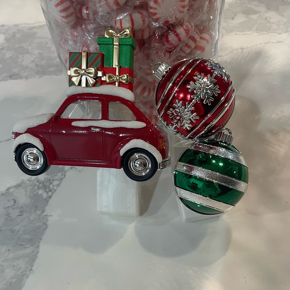 Bath & Body Works Bundle Festive Red Car Ornament with Green and Silver Accents